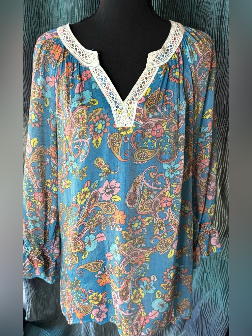 Spense Blue 3/4 Sleeve Boho Blouse